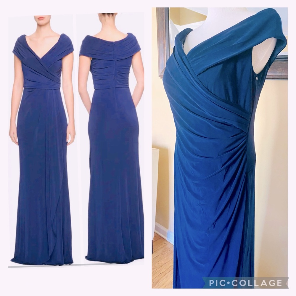 La Femme Navy Blue Ruched Jersey Column Gown Size 12